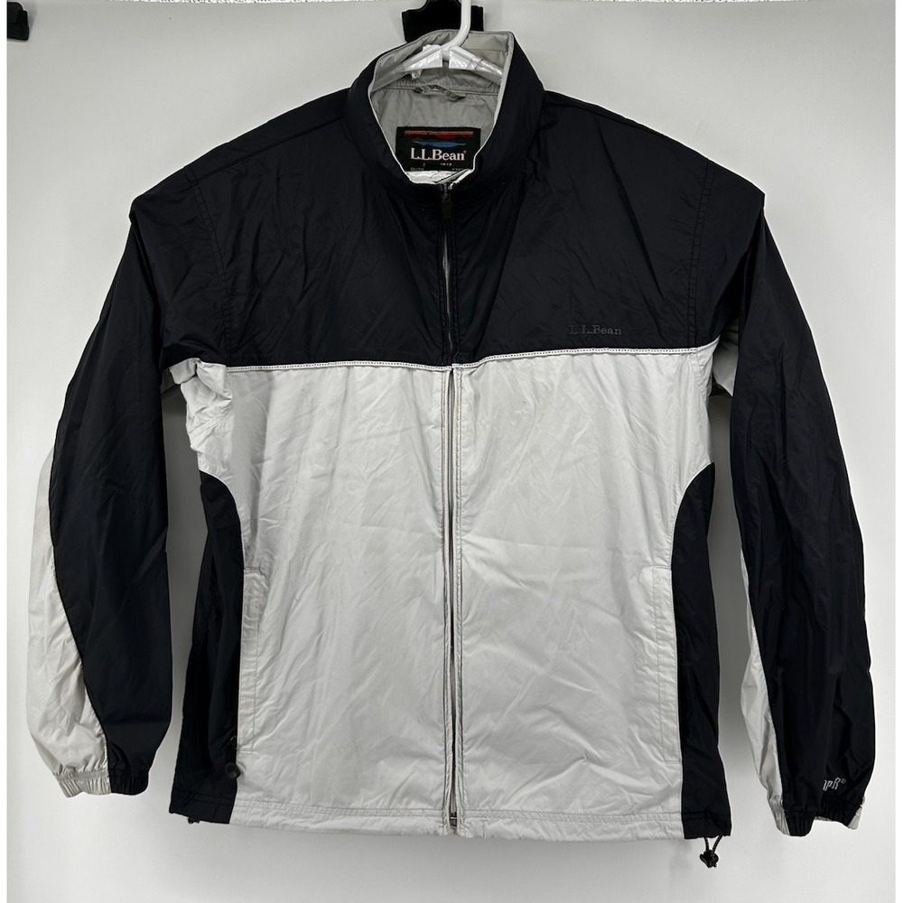 VTG LL Bean Full Zip Hooded Nylon Windbreaker Rain Jacket Blue Grey Mens Medium